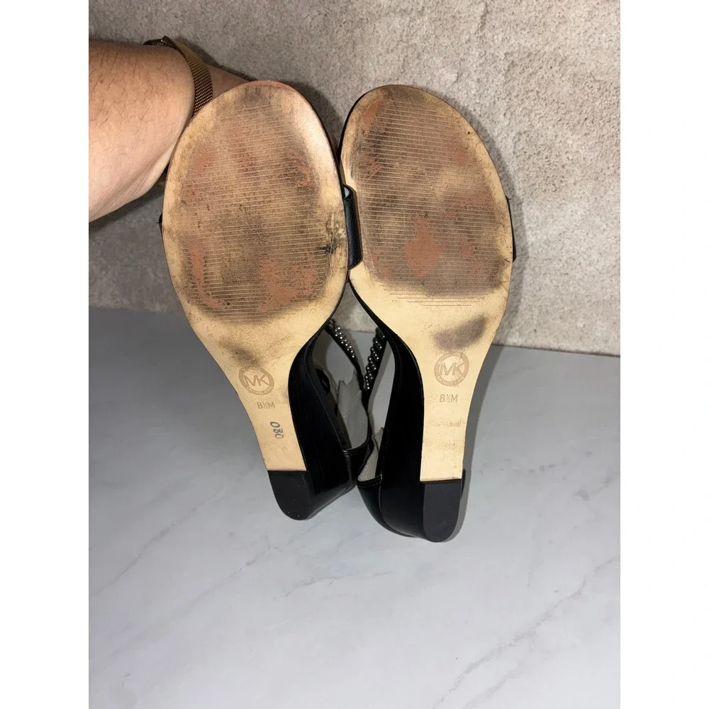 Michael Kors Black Studded T-Strap Wedge Sandals - 8.5 - Leather Edgy Glam Chic